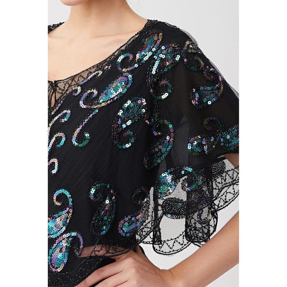 Babeyond 1920s Shawl Wraps Beaded Cape Bridal Shawl Cover Up - Black Colorful - Picture 3 of 6